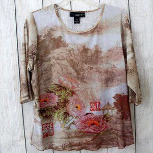 VENEZIA Vintage Japanese Garden Print Lightweight 3/4 Sleeve